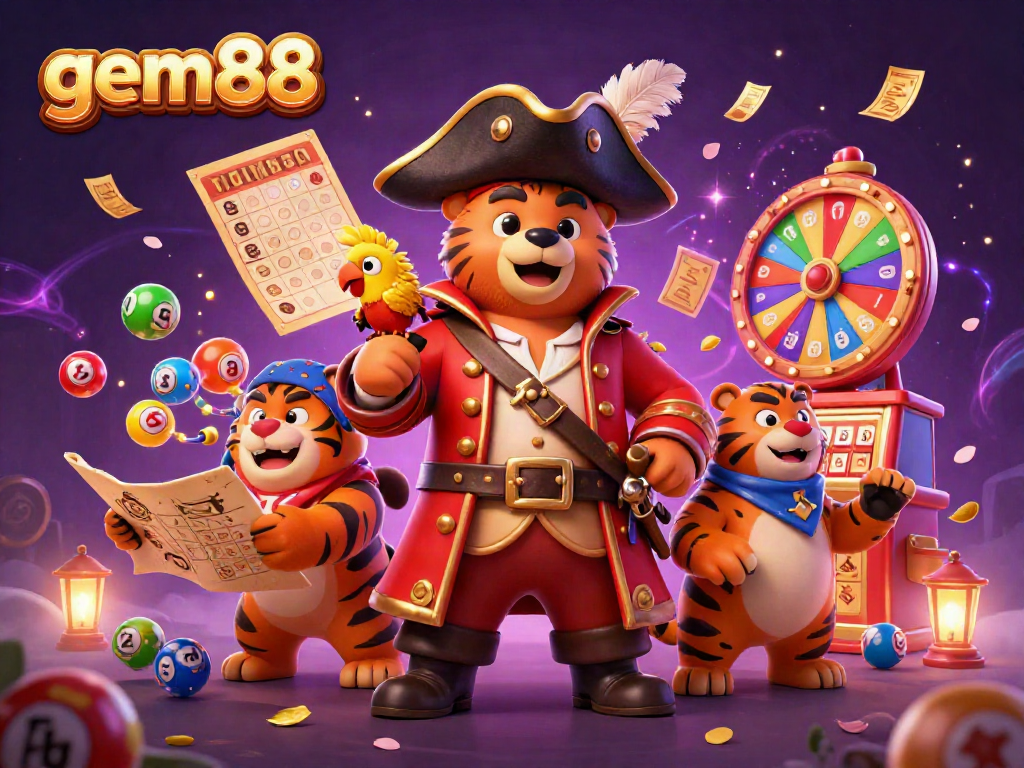 Experience thrilling moments with the gem88 gaming adventure featuring vibrant elements like lottery balls and prize wheels.