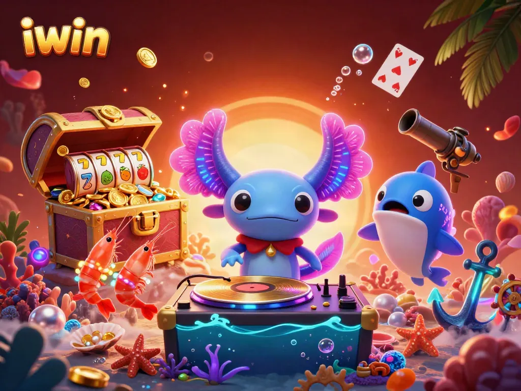 Engage in exciting gameplay with iwin's vibrant underwater casino scene filled with gold coins and slot reels.
