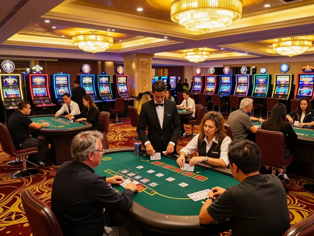 Players enjoying a dynamic blackjack game experience at gamedoithuong88 casino floor.