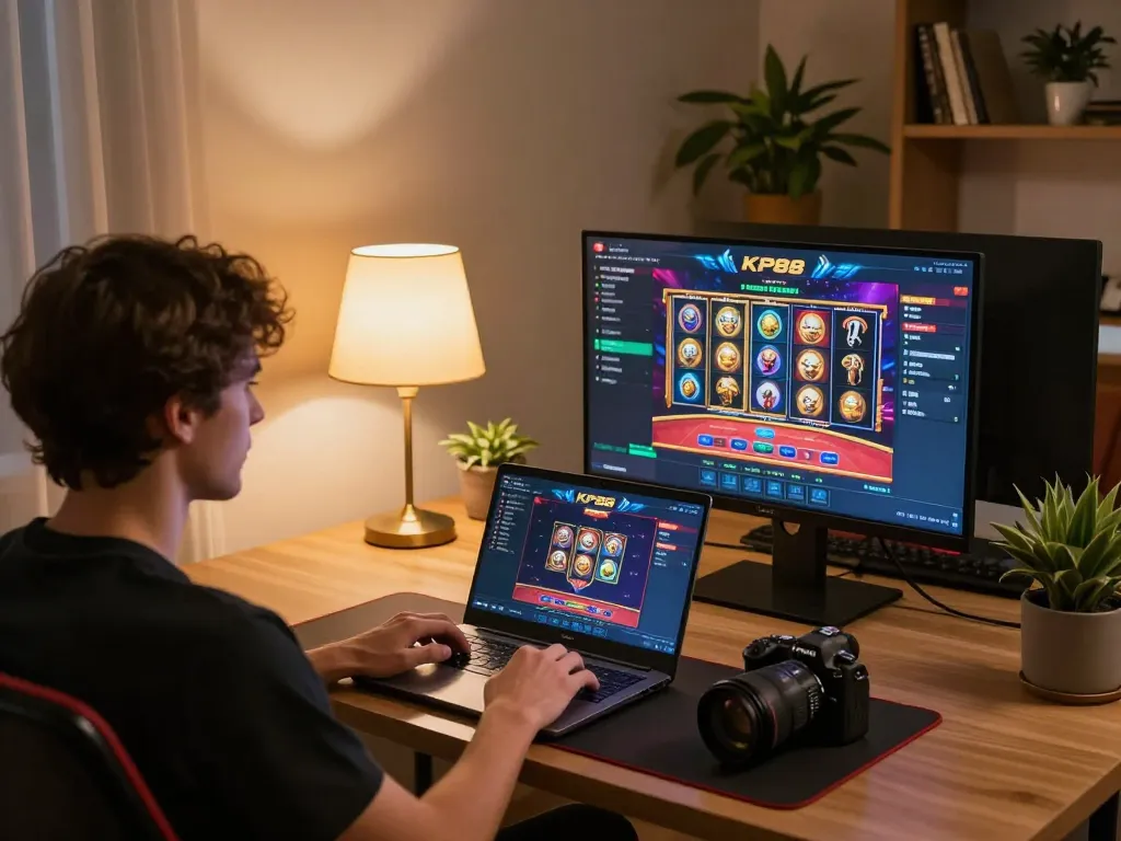 Engaging online gaming experience at https://xkp88.com/ showcasing a player enjoying slots and table games in a cozy environment