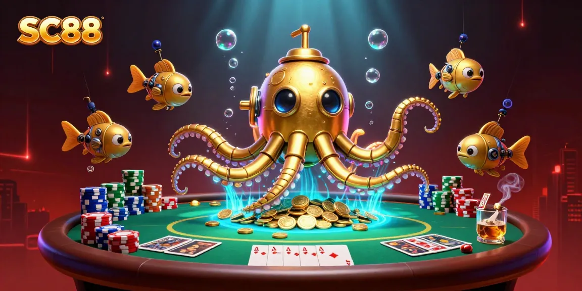 Experience SC88's thrilling poker action with a golden kraken submarine amid a sea of coins.
