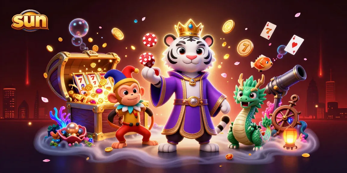 Engage with sun-themed slot games featuring a tiger, monkey, and jade dragon in a vibrant casino scene.