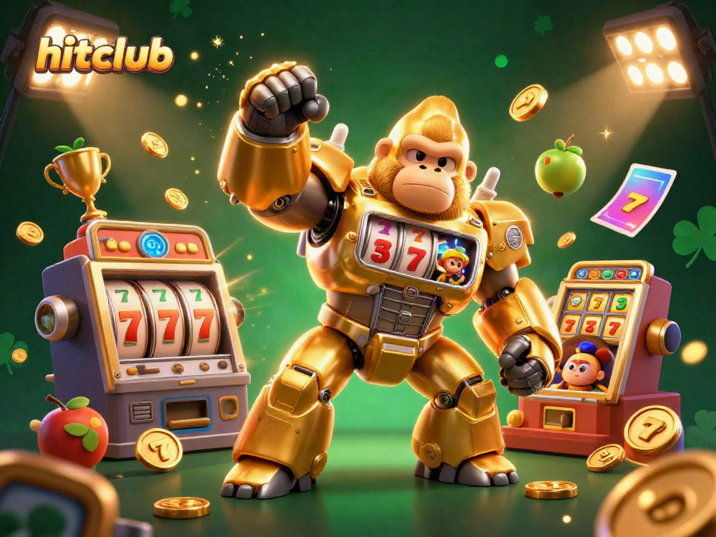Experience the thrill of gambling with hitclub through this dynamic 3D illustration showcasing a golden gorilla mech and winning slots.