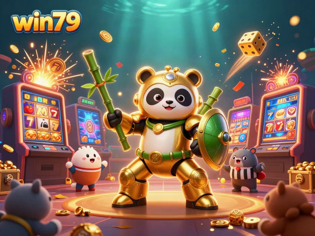 Engage with the thrilling atmosphere of win79 showcasing vibrant slot machines and lively characters in a casino arena.