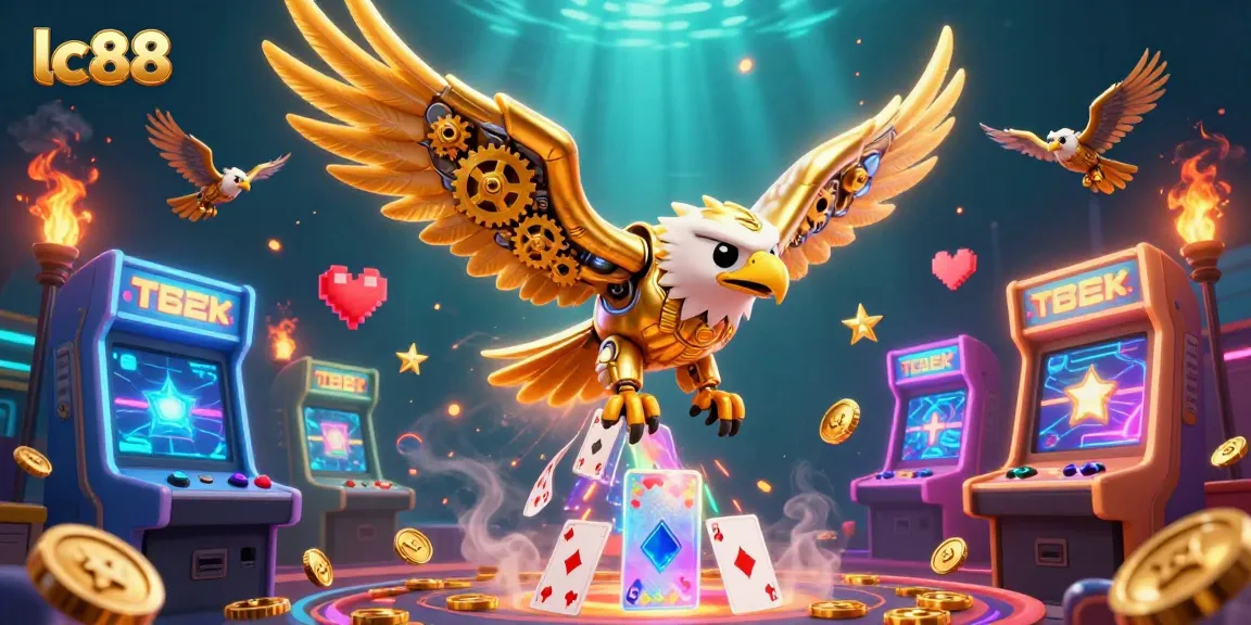 lc88 showcases a vibrant 3D gaming scene with animated characters diving through cards and arcade machines.