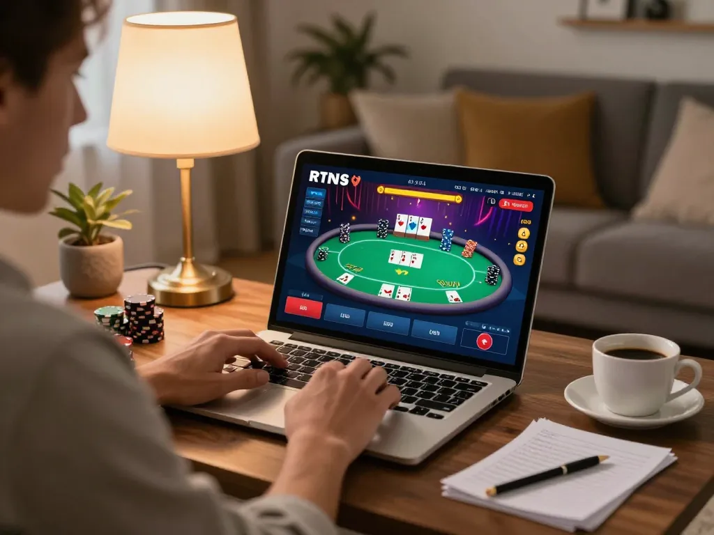 Engaged player using laptop for online casino game at home, showcasing nhà cái uy tín nhất hiện nay.