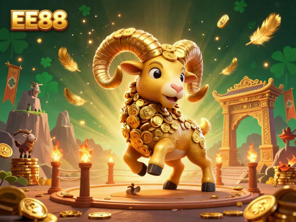 Experience the excitement of EE88 with this dynamic 3D casino illustration depicting a charging golden ram among vibrant game elements.