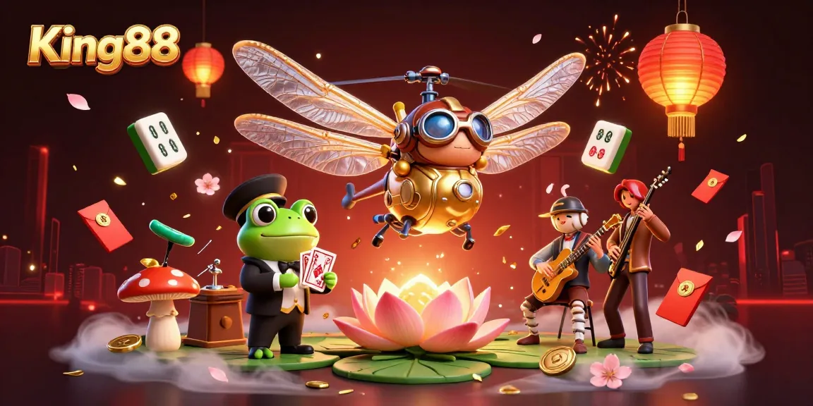 Experience King88's vibrant online gaming with dynamic visuals including a dragonfly pilot and a frog dealer.