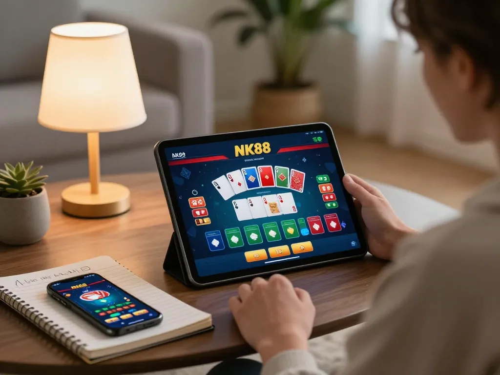 Player engaging with NK88 online poker on a tablet, showcasing strategic gameplay