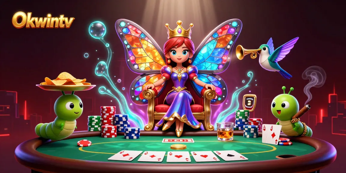 Experience exciting betting with Okwintv in a vibrant casino scene featuring a butterfly queen.