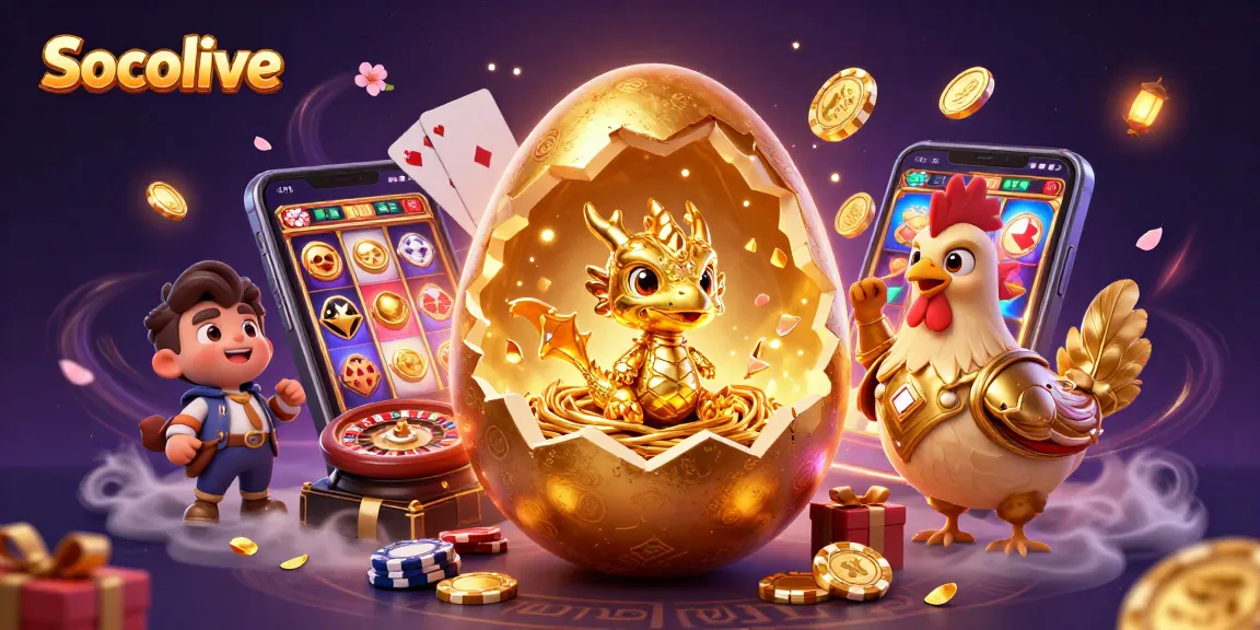 Engage in exciting gameplay at Socolive with a dazzling gold dragon amidst colorful slot games and casino elements.