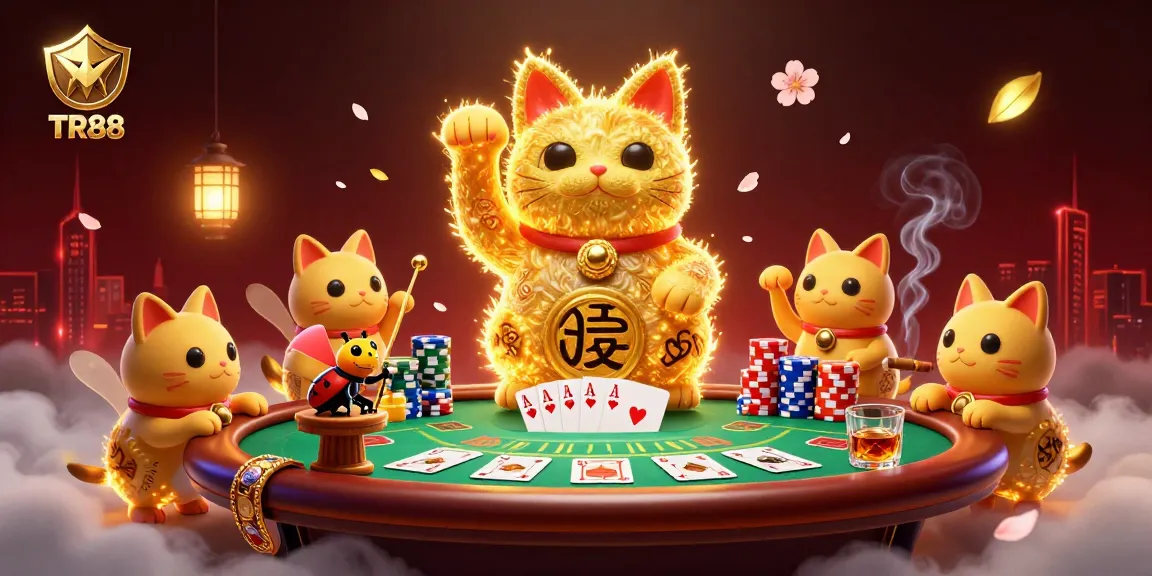 Experience TR88 with a vibrant 3D illustration of a lucky cat and casino elements in an electrifying scene.