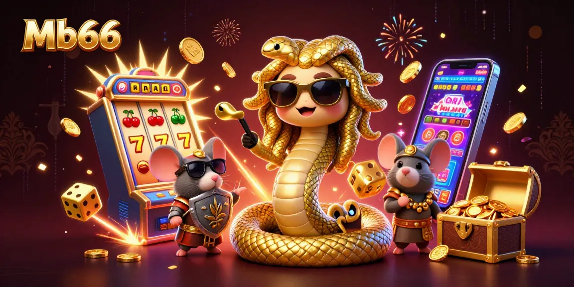 Mb66 captures the excitement of jackpot winnings amid vibrant casino elements, featuring Medusa and a warrior mouse.