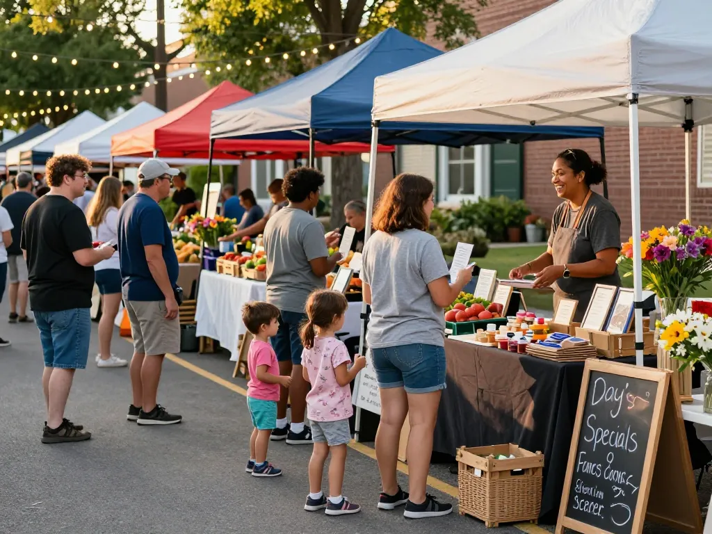 Local community market scene showcasing vibrant vendors, fresh produce, and engaging shoppers promoting local businesses.