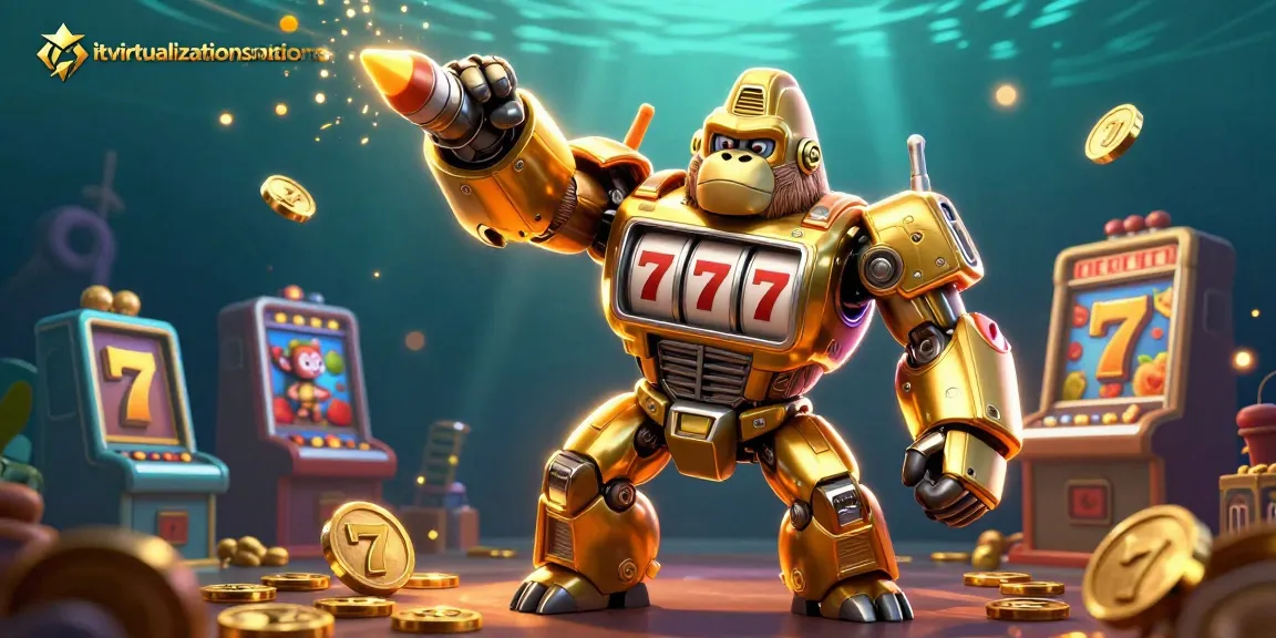 Engage with exciting slot gameplay at itvirtualizationsolutions with a vibrant 3D casino scene featuring a golden gorilla mech.