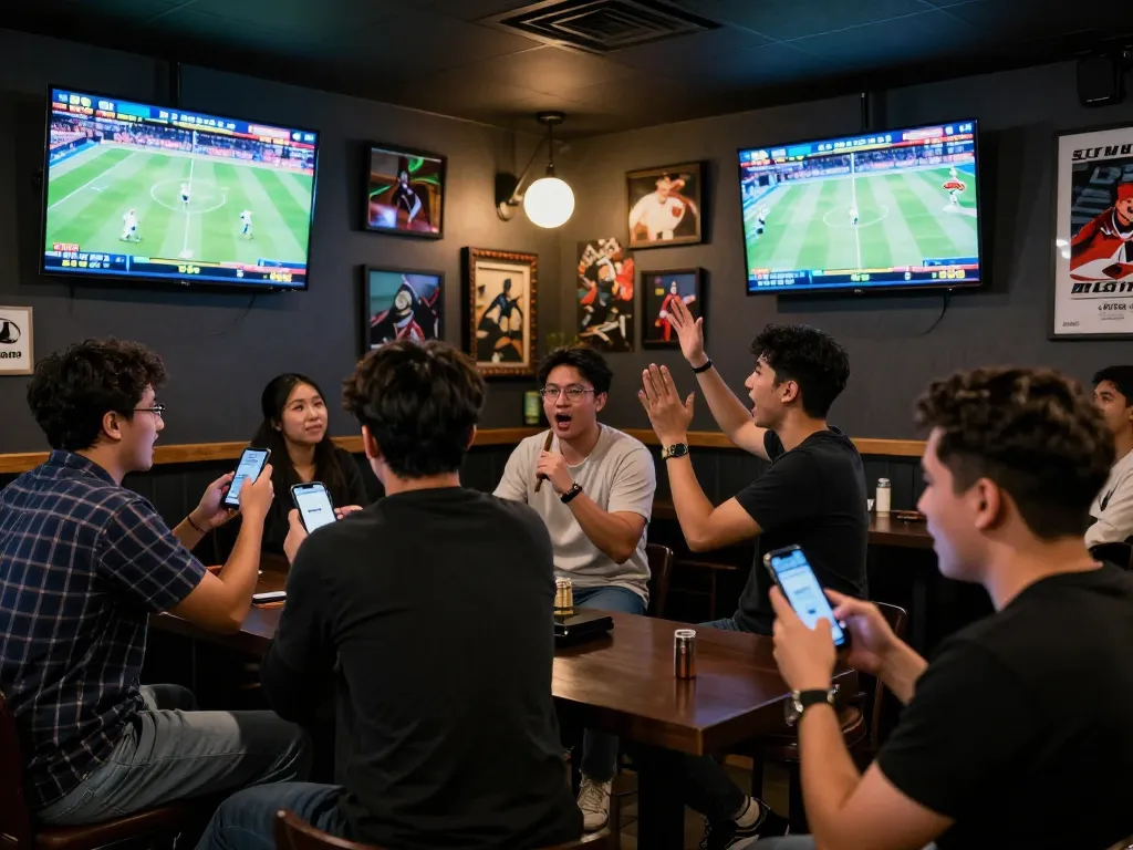 Engaged sports fans placing bets at FUN79 com in a vibrant sports bar atmosphere.