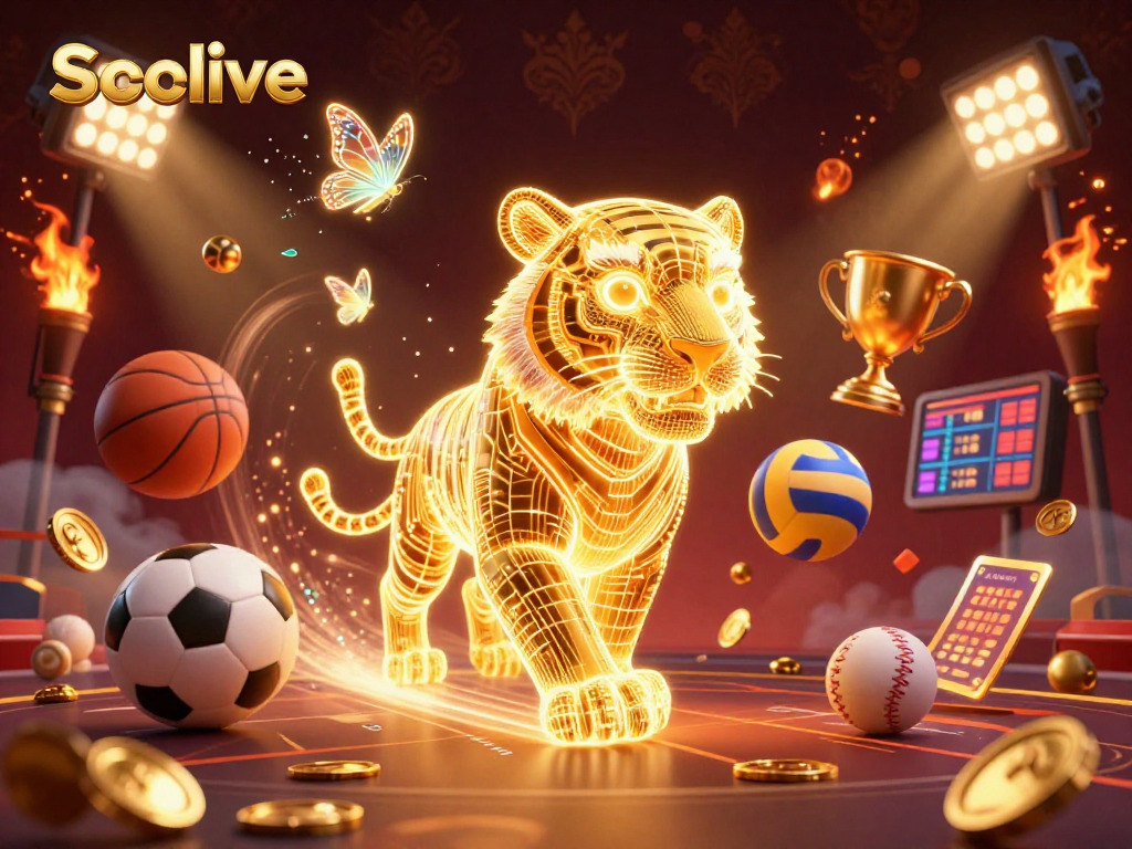 Socolive captivates players with vibrant scenes of sports betting, featuring a golden tiger in a dazzling digital casino.