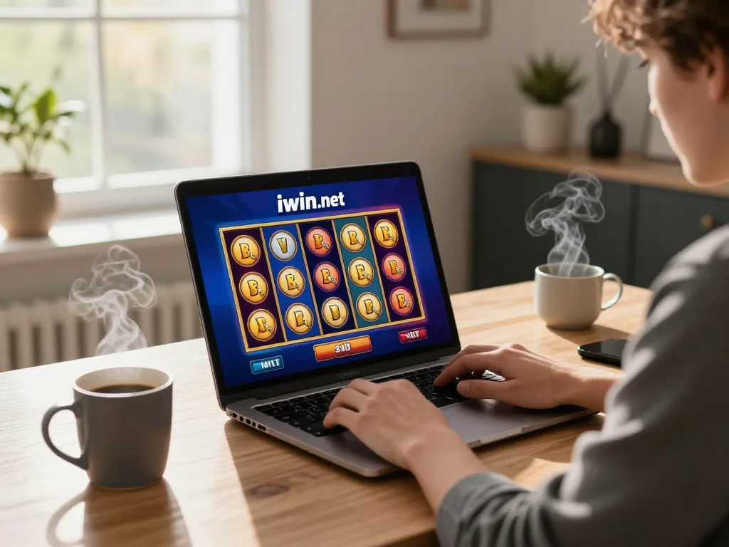 Engaging online gaming moment on iwin. net with a player enjoying slot games at a modern desk.