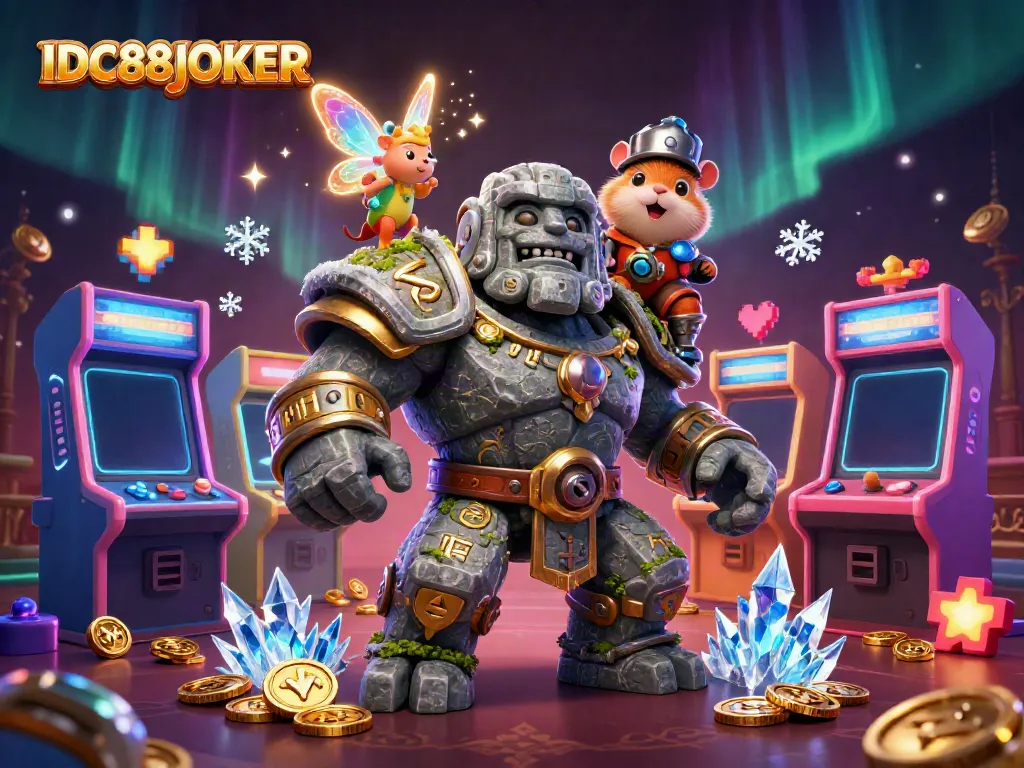 Experience thrilling gaming with IDC88JOKER as a golem guardian and a knight embark on an adventure among slot machines and magic.