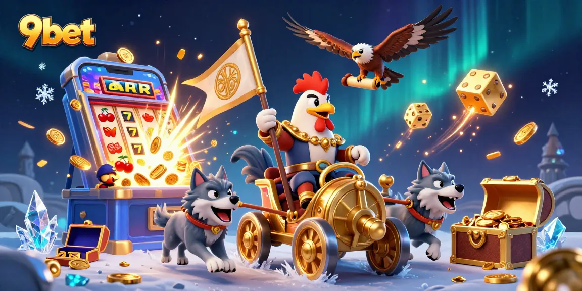 9bet showcases excitement with a 3D rooster warlord in a golden chariot amidst vibrant gaming symbols.