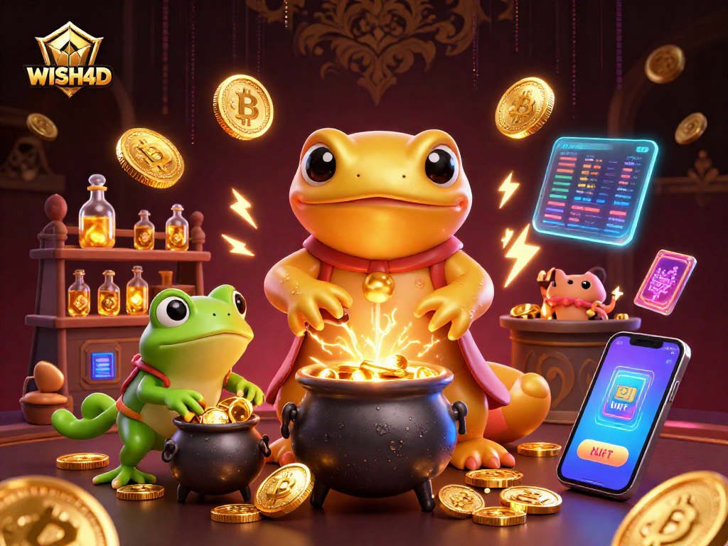 Engage with the vibrant WISH4D scene of gaming magic with golden alchemists and crypto elements.
