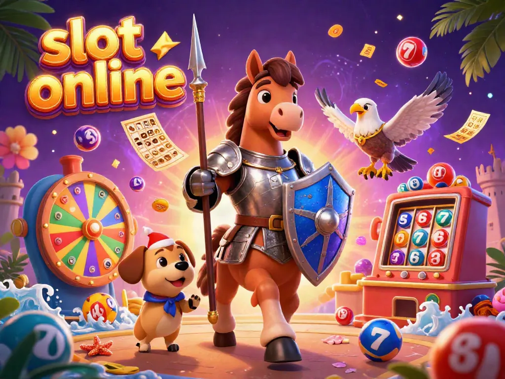 Experience the thrilling world of slot online with knights, vibrant casino elements, and dynamic energy in this detailed illustration.