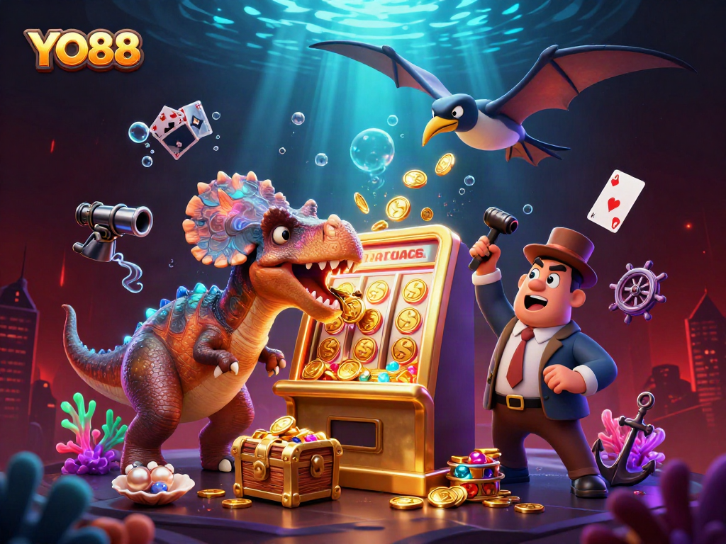 YO88 brings excitement with a pachycephalosaurus hitting a slot machine amidst sparkling coins.