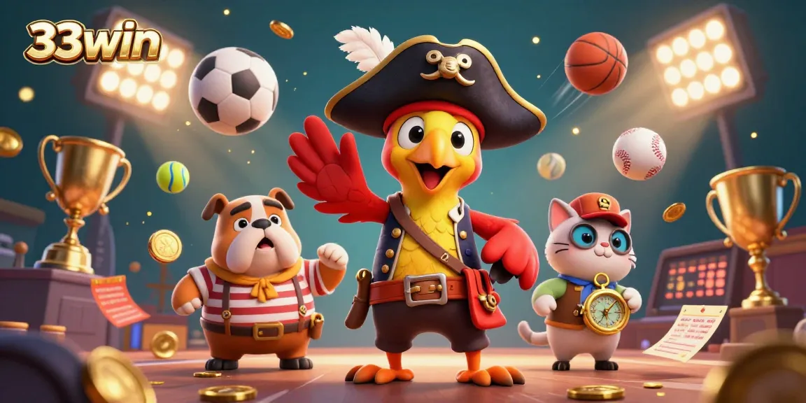 Engage with 33win's vibrant 3D casino world, featuring dynamic sports elements and lively characters.