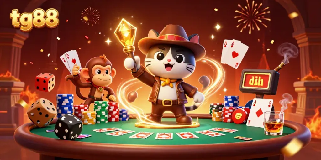 Experience thrill at tg88 with an adventurer cat discovering treasure amidst vibrant casino elements.