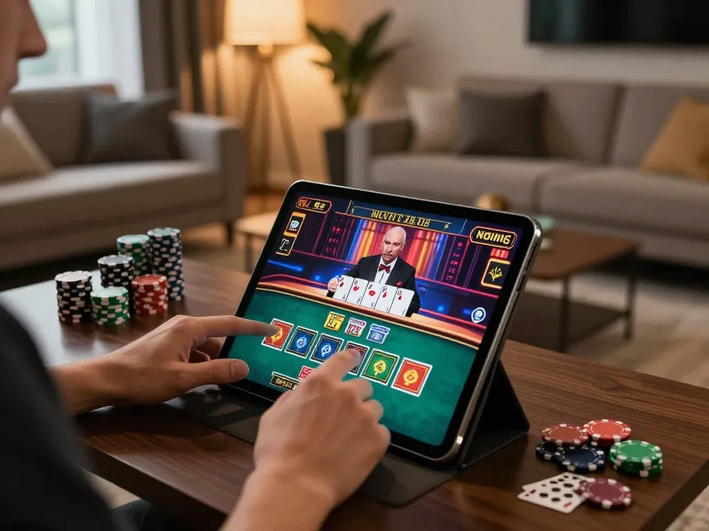 A person engaged in exciting online gaming at kp88220, showcasing tablet gameplay in a stylish living room