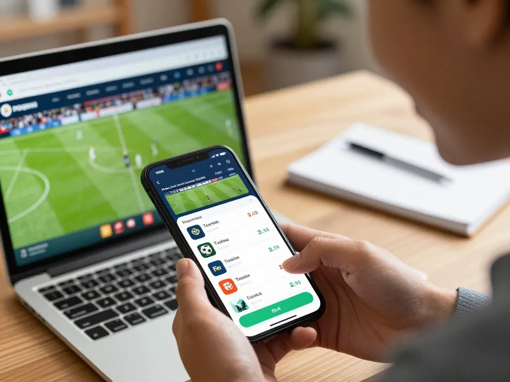 An enthusiastic user placing bets with an online kèo nhà cái app, showcasing current odds and match options in a cozy environment.