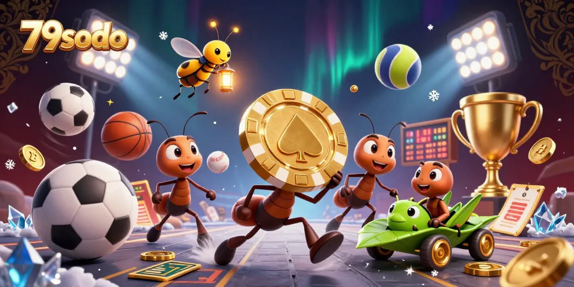 79sodo's dynamic gambling scene featuring ants heisting a giant poker chip amid sports elements, showcasing lively action.