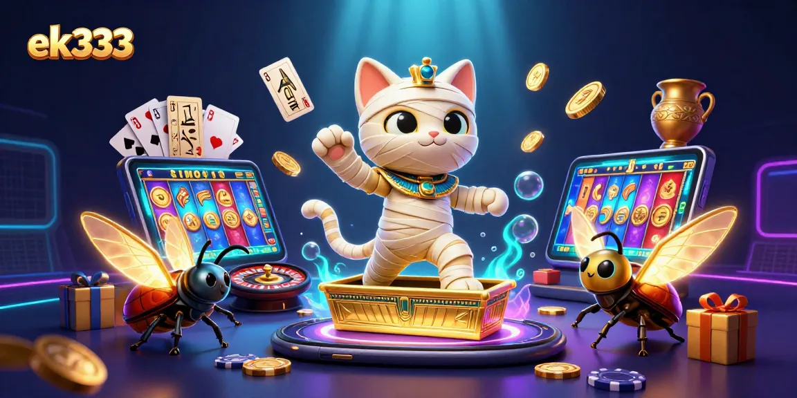 Engage with ek333 featuring a vibrant animated scene of a mummy cat and a scarab beetle in a casino setting.