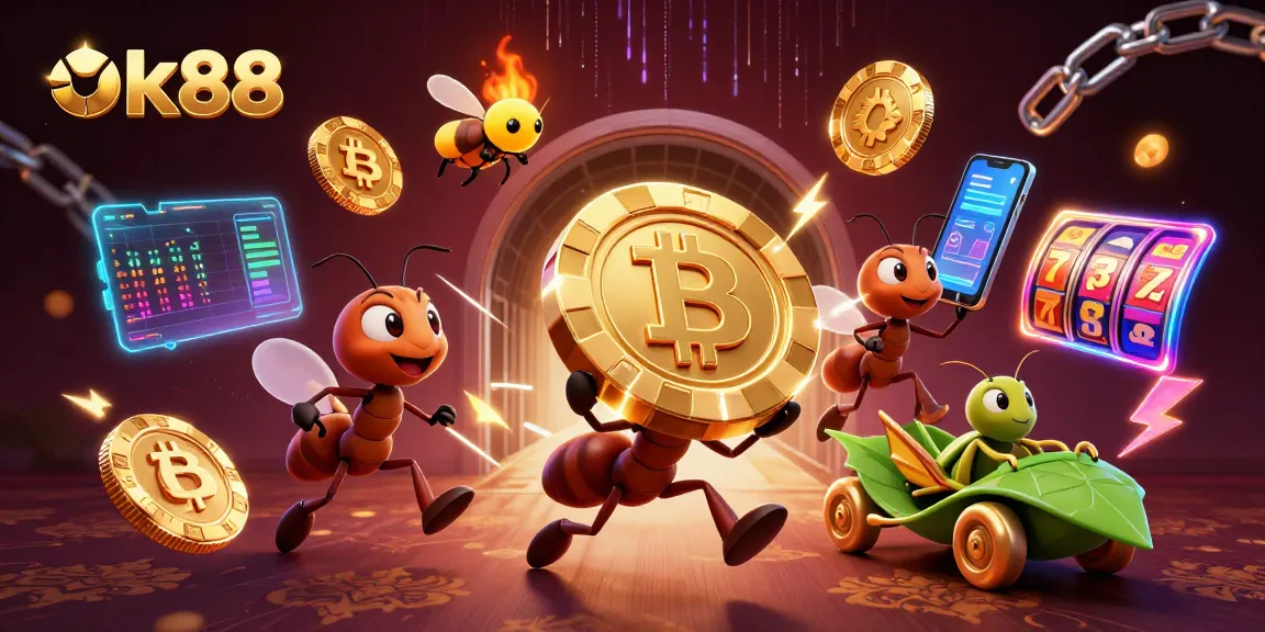 Engage with ok88's thrilling experience as ants venture through a gambling heist of giant poker chips.