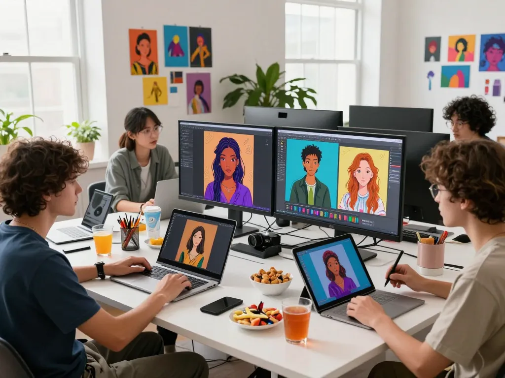 Artistic designers collaborating on AI porn creative projects at a vibrant studio.