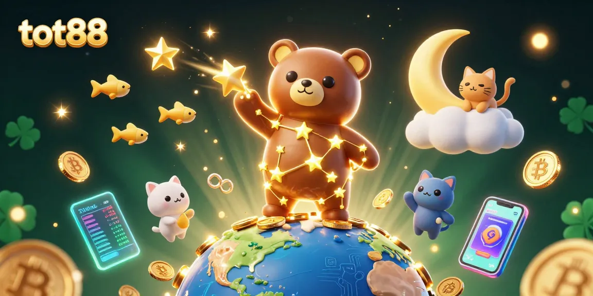 tot88 players enjoy epic wins in a vibrant casino scene filled with cryptocurrency elements.