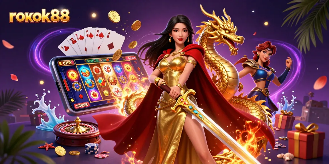 Experience thrilling gameplay with rokok88 in a vibrant casino-themed illustration.