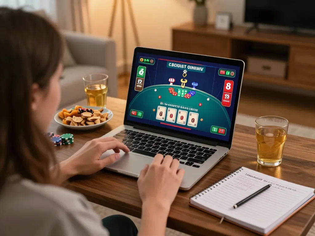 Engaging in a live dealer blackjack game on U888 at home with strategic notes nearby.