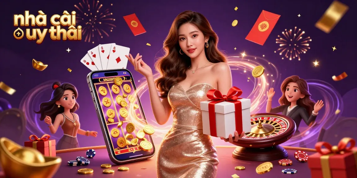 Experience the thrilling world of nhà cái uy tín with a vibrant casino celebration featuring a stunning Asian woman amidst golden coins and festive elements.