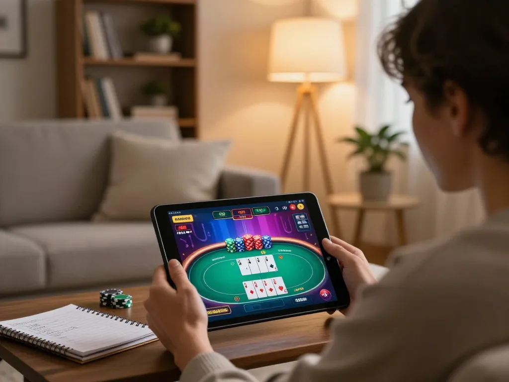 Engaging in strategic gameplay at 79king online casino on tablet in cozy home setting