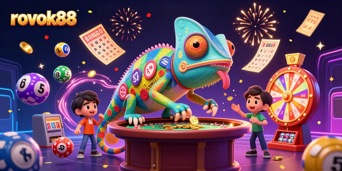 Engage with rokok88's dynamic gaming scene, showcasing vibrant casino elements and an energetic chameleon owner.