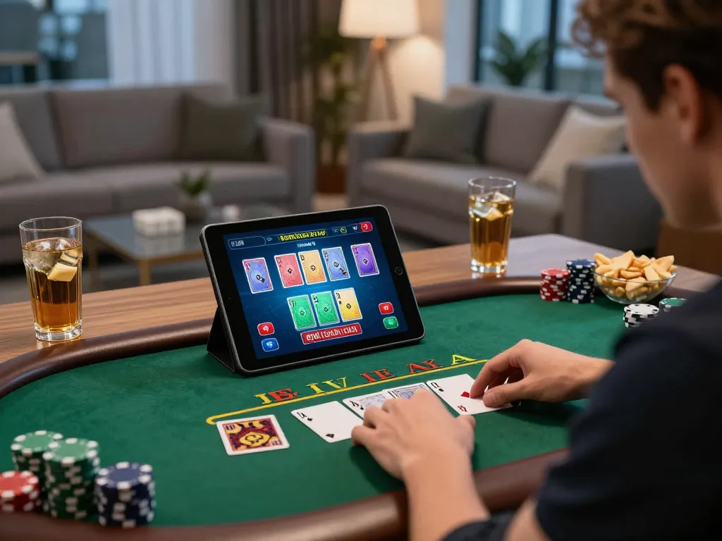 Player enjoying live dealer blackjack on tablet, embodying the LV88 gaming experience in a cozy setting.
