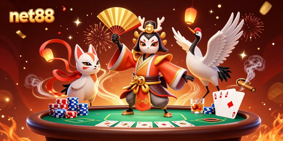 Engage in exciting poker games with net88's vibrant illustration featuring diverse casino elements.