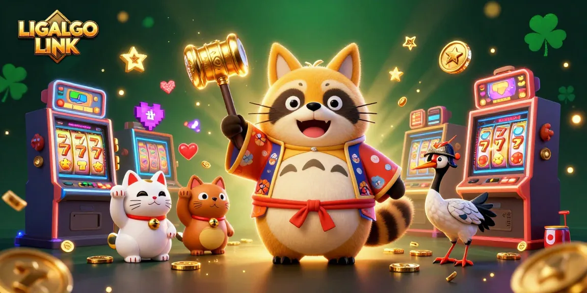 LIGALGO LINK showcases a joyful tanuki in festival attire celebrating riches at the online casino.