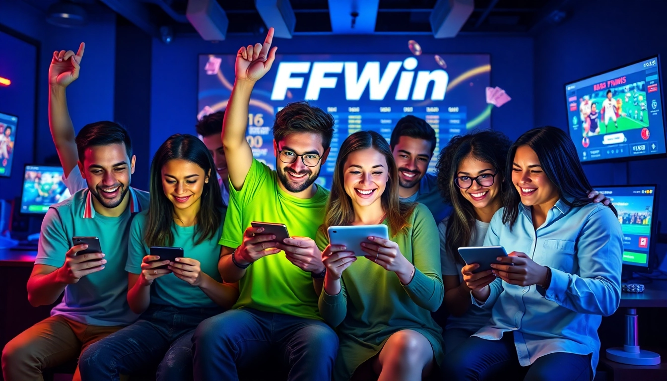 FFWIN users engaged in online betting on various devices, showcasing excitement and community.