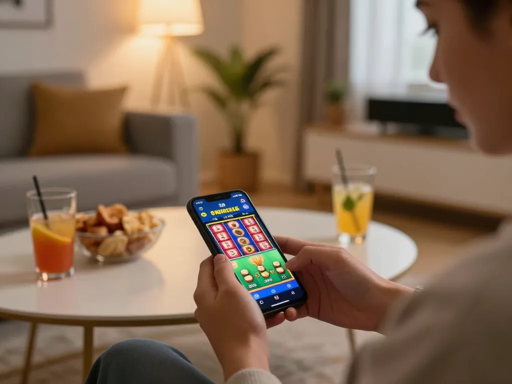 Player enjoying MM88 mobile slot gaming experience in a cozy home environment with vibrant colors