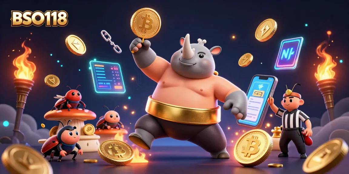 Experience high-energy gameplay with BSO118, featuring a beetle champion amidst Bitcoin and Ethereum coins.