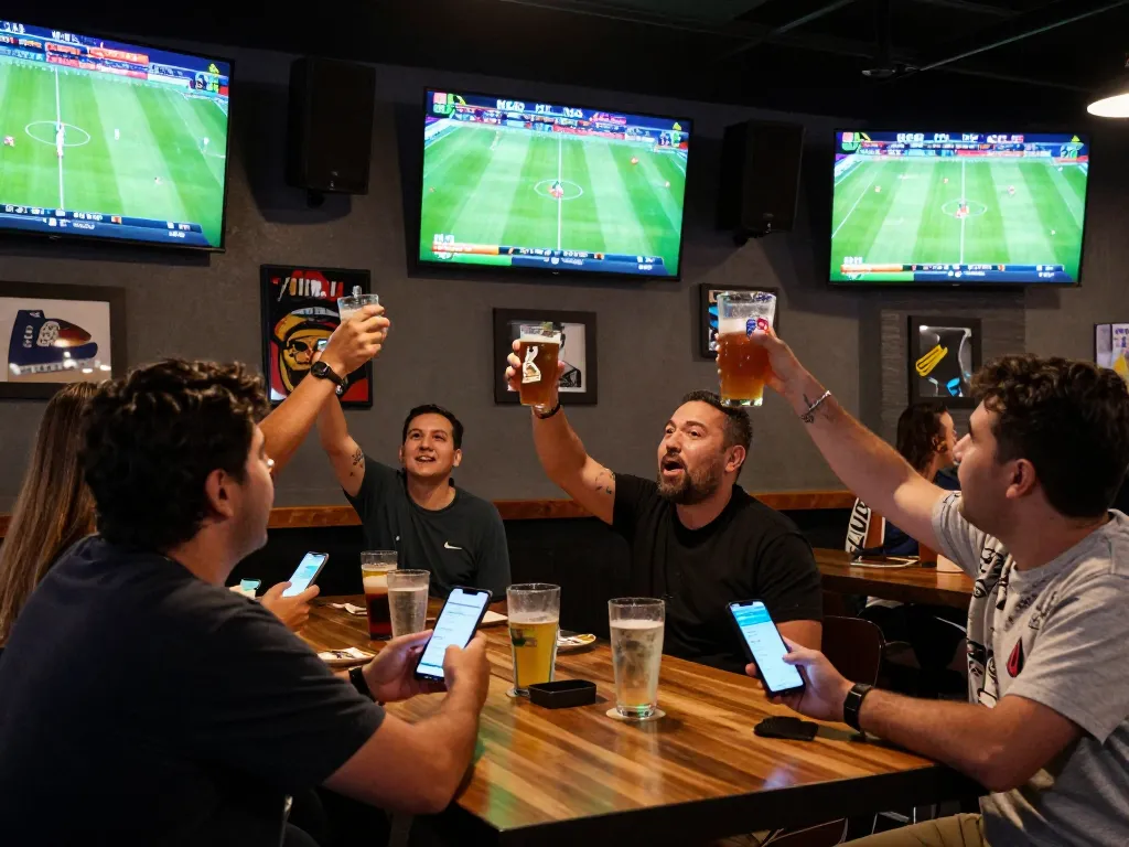 Kèo nhà cái betting excitement in a lively sports bar while watching live matches