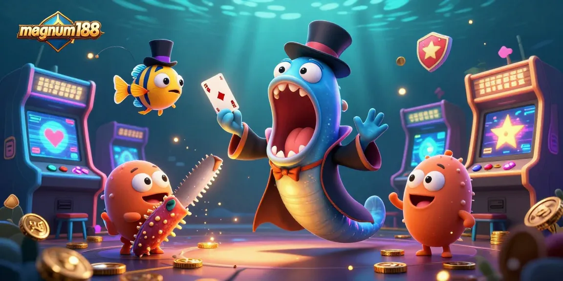 Magnum188 showcases a colorful 3D casino scene with bioluminescent characters performing fun tricks.