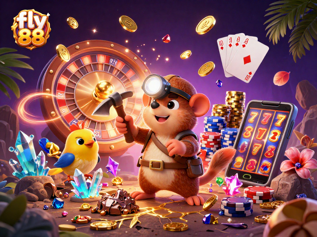 Experience the excitement of fly 88 with a treasure hunter in a dazzling casino scene.